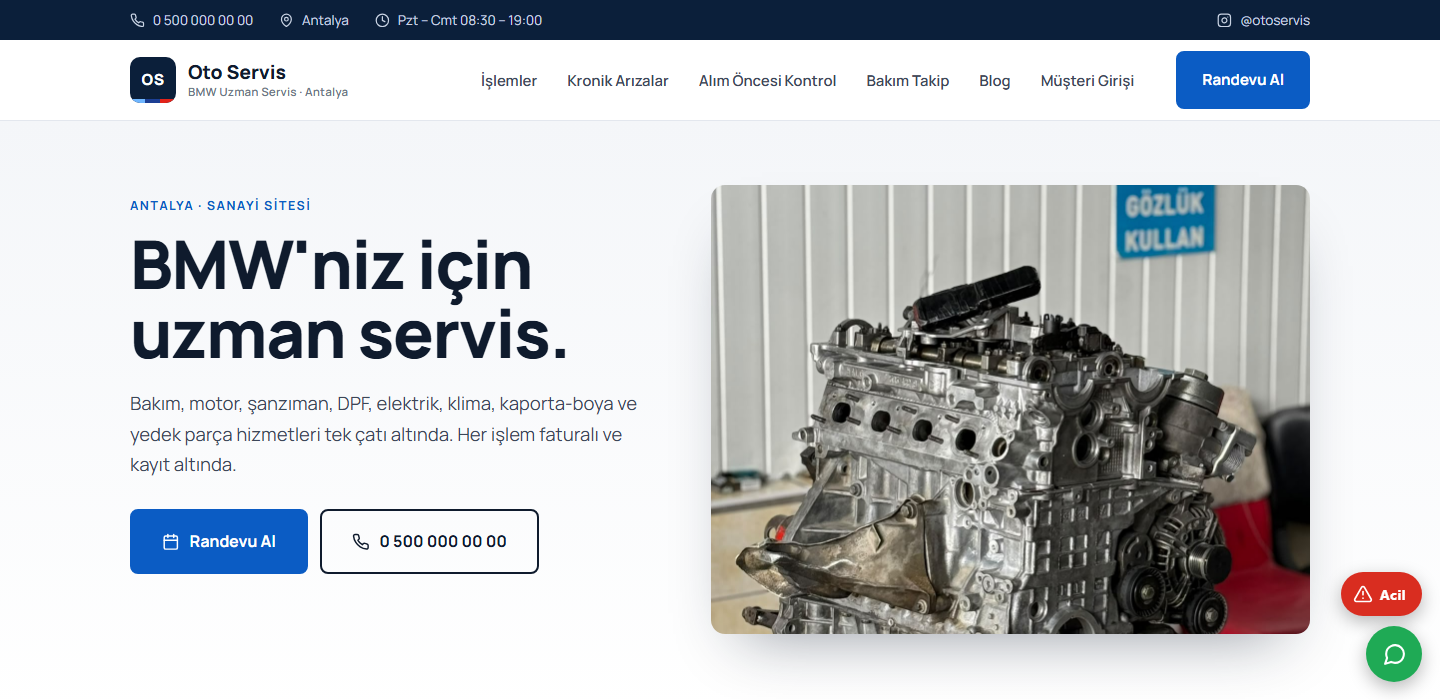 Bir oto servis için hazırladığımız web sitesi